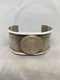 Engraving Detailed 40mm Wide 3.5in Diameter Sterling Silver Cuff Bracelet w/ Liberty Coined Center