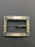 Floral Cloisonn? Detailed 60mm Long 40mm Tall Belt Buckle Design Sterling Silver Brooch