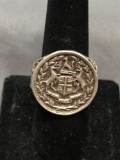 Round 24mm Diameter Family Crest Themed Detailed Sterling Silver Signet Ring Band