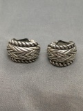 Mexican Made Woven Pattern 25mm Tall 15mm Wide Pair of Sterling Silver Crescent Shaped Clip-On