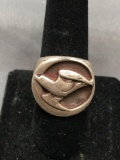 Antique Finished Round 22mm Diameter Soaring Dove Themed Sterling Silver Signet Ring Band