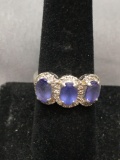 Three Oval Faceted 7x5mm Tanzanite Gem Centers w/ Round CZ Accented Halos Sterling Silver