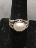 Bead Ball Frame Detailed Horizonal Set Oval Faux Pearl Center Sterling Silver Ring Band