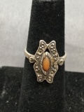 Milgrain Marcasite Detailed Halo Oval Amber Cabochon Center Vintage Sterling Silver Ring Band