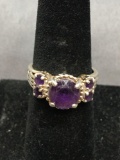 Round Faceted 8mm Amethyst Center w/ Amethyst Sides Sterling Silver Ring Band