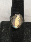 Oval 15x11mm Iridescent Cameo Center English Made Sterling Silver Vintage Ring Band