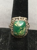 Filigree Framed Rectangular 15x10mm Turquoise Cabochon Center Vintage Sterling Silver Ring Band