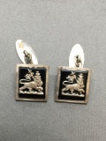 Square Onyx Inlaid Center King of Lions Themed Pair of Signed Designer Cufflinks