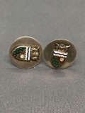 Enamel Detailed Round Pair of Family Crest Themed Sterling Silver Cufflinks