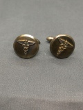 Caduceus Themed Medical Symbol Round Pair of Sterling Silver Cufflinks