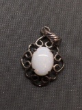 Prong Set Oval 9x7mm White Opal Cabochon Center Filigree Frame Halo Vintage Style Sterling Silver