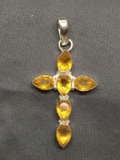 Six Pear Faceted Citrine Gemstones 40mm Tall 27mm Wide Sterling Silver Cross Pendant