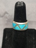 Triangle Shaped Inverted Turquoise Inlaid Detail 10mm Wide Old Pawn Native American Style Sterling