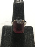 Rectangular Faceted 18x13mm Purple Gemstone Center Signed Designer Sterling Silver Ring Band