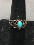 Pear Fashioned 7x5mm Turquoise Cabochon Center Milgrain Filigree Detailed Signed Designer Sterling