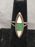 Marquise Shaped 26x8mm Top w/ Mother of Pearl & Turquoise Inlay Detail Sterling Silver Ring Band