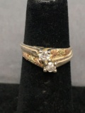 Twin Round Faceted 3mm Centers Bypass Sterling Silver Ring Band w/ 12Kt Gold Leaf Detail