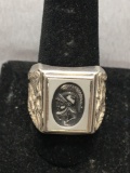 Sarah Covington Designer 20mm Wide Tapered Detailed Sterling Silver Ring Band w/ Roman Soldier Cameo