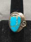 Oval Shaped 20x12mm Turquoise Cabochon Center Old Pawn Native American Style Sterling Silver Ring
