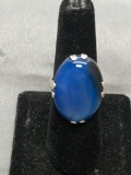 Oval 24x18mm Blue Agate Gemstone Cabochon Center Sterling Silver Ring Band