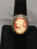 Rope Frame Detailed Oval 18x13mm Carved Lady Cameo Center Sterling Silver Ring Band