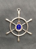 Ship's Helm Design Round 30mm Diameter Enameled Sterling Silver Pendant