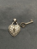 Round Faceted Round Rhinestone Studded 20mm Tall 15mm Wide Heart & Key Themed Sterling Silver