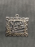 Rectangular 25mm Wide 20mm Tall Filigree Framed Happy Birthday Themed Sterling Silver Pendant