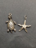Lot of Two High Polished Sterling Silver Charms, One Sea Turtle & One Starfish