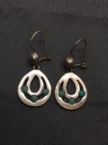 Taxco Designer Teardrop Shaped 20mm Tall 17mm Wide Turquoise Accented Pair of Sterling Silver Dangle