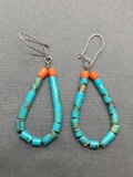 Turquoise & Coral Beaded Pair of 35mm Long Teardrop Hoop Earrings w/ Sterling Silver Shepard's Hook