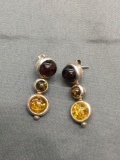 Triple Tier 28mm Tall 10mm Wide Pair of Sterling Silver Earrings w/ Three Graduating Amber Cabochon