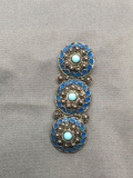 Balinese Styled Enamel Detailed 50mm Long 17mm Tall Sterling Silver Brooch w/ Three Turquoise