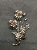 Floral Bouquet Motif 70mm Tall 45mm Wide Embossed Signed Designer Sterling Silver Brooch w/ Twin Red