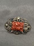 Milgrain Marcasite Detailed Vintage 40mm Wide 25mm Tall Sterling Silver Brooch w/ Hand-Carved Floral