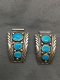 Three Graduating Turquoise Accented Match Pair of Detailed 35mm Tall 20mm Wide Sterling Silver Old