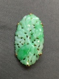 Oval Shaped 35x20mm Asian Style Hand-Carved Floral Themed Green Jade 14kt Gold Brooch