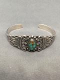 Old Pawn Native American Styled 20mm Tall Tapered Sterling Silver Cuff Bracelet w/ Tumbled Turquoise