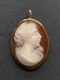 Hand-Carved Oval 25x20mm Lady Cameo Center 14kt Gold Brooch & Pendant