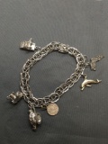 High Polished & Rope Detailed 10mm Tall 7in Long Lot of Two Sterling Silver Bracelet w/ Six Charms