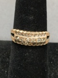 Round Faceted Rhinestone Accented Three Row Tiered Design 10kt Gold Filled Band