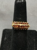 Round Faceted Garnet Gemstone Accented Three Row Tiered Gold-Plated Ring Band