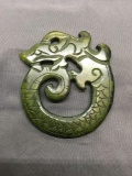 Asian Style Hand-Carved Dragon Motif Round 3.5in Diameter Green Jade Pendant