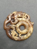 Asian Style Hand-Carved Dragon Motif Round 45mm Diameter Orange Jade Pendant