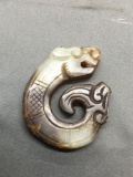 Asian Style Hand-Carved Dragon Motif 50mm Tall 40mm Wide Brown Jade Pendant