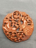 Asian Style Hand-Carved Merchant Themed Round 65mm Diameter Orange Jade Pendant