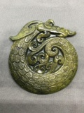 Ornate Asian Style Hand-Carved Dragon Motif 4in Diameter Green Jade Pendant