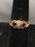 Twin Diagonal Set Oval Faceted 5x3mm Amethyst Centers Round Diamond Accented 14kt Gold Ring Band - 3