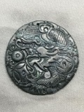 Asian Style Hand-Carved Dragon Motif Round 47mm Diameter Black Jade Pendant