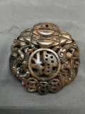 Asian Style Hand-Carved Twin Dragon Motif Round 68mm Diameter Brown Jade Pendant